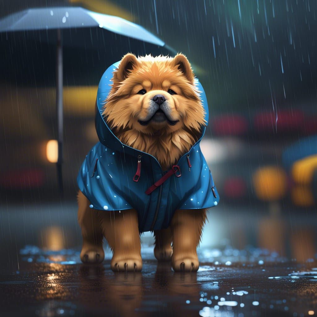 Chow Chow Puppy in Rain Jacket, Digital Art