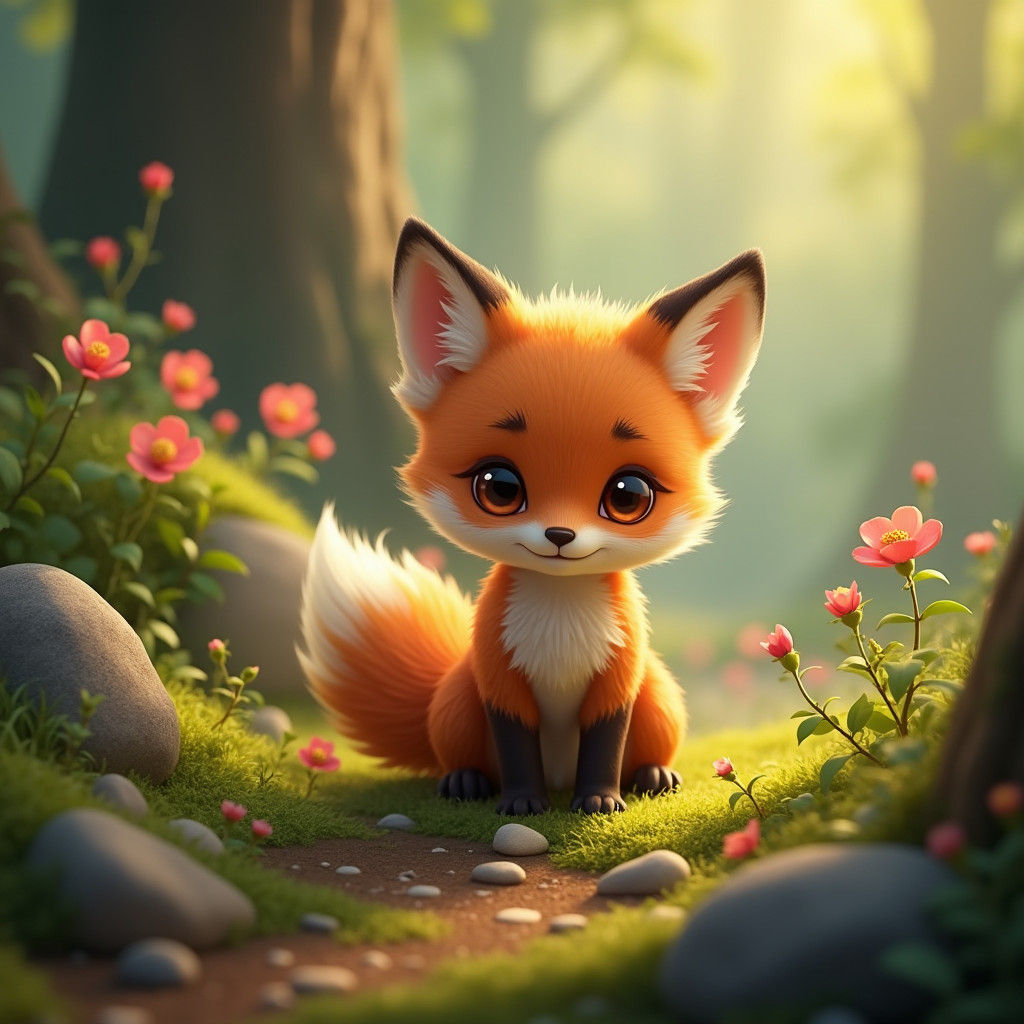 Adorable Fox Cub in Forest: Detailed Matte Painting