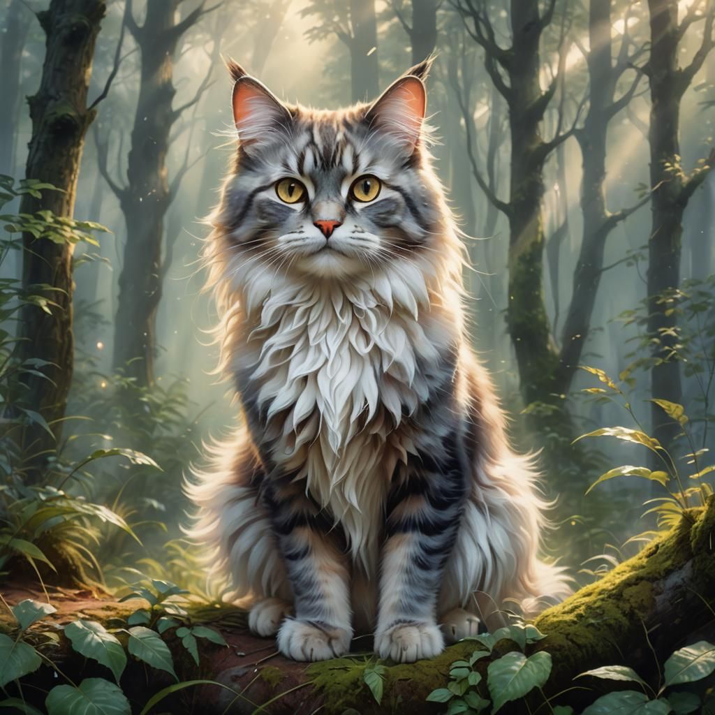 Fluffy Cat in Misty Forest, Fantasy Painting