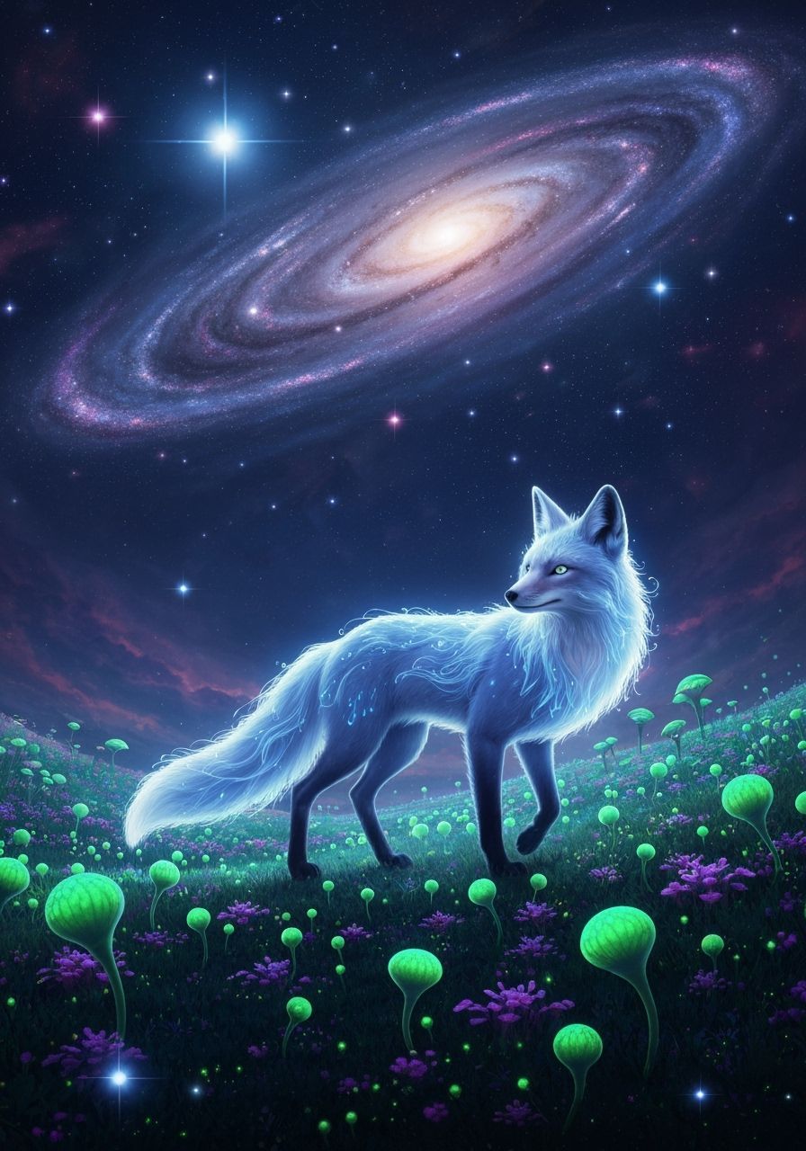 Bioluminescent Fox in Alien Flora Cosmic Landscape