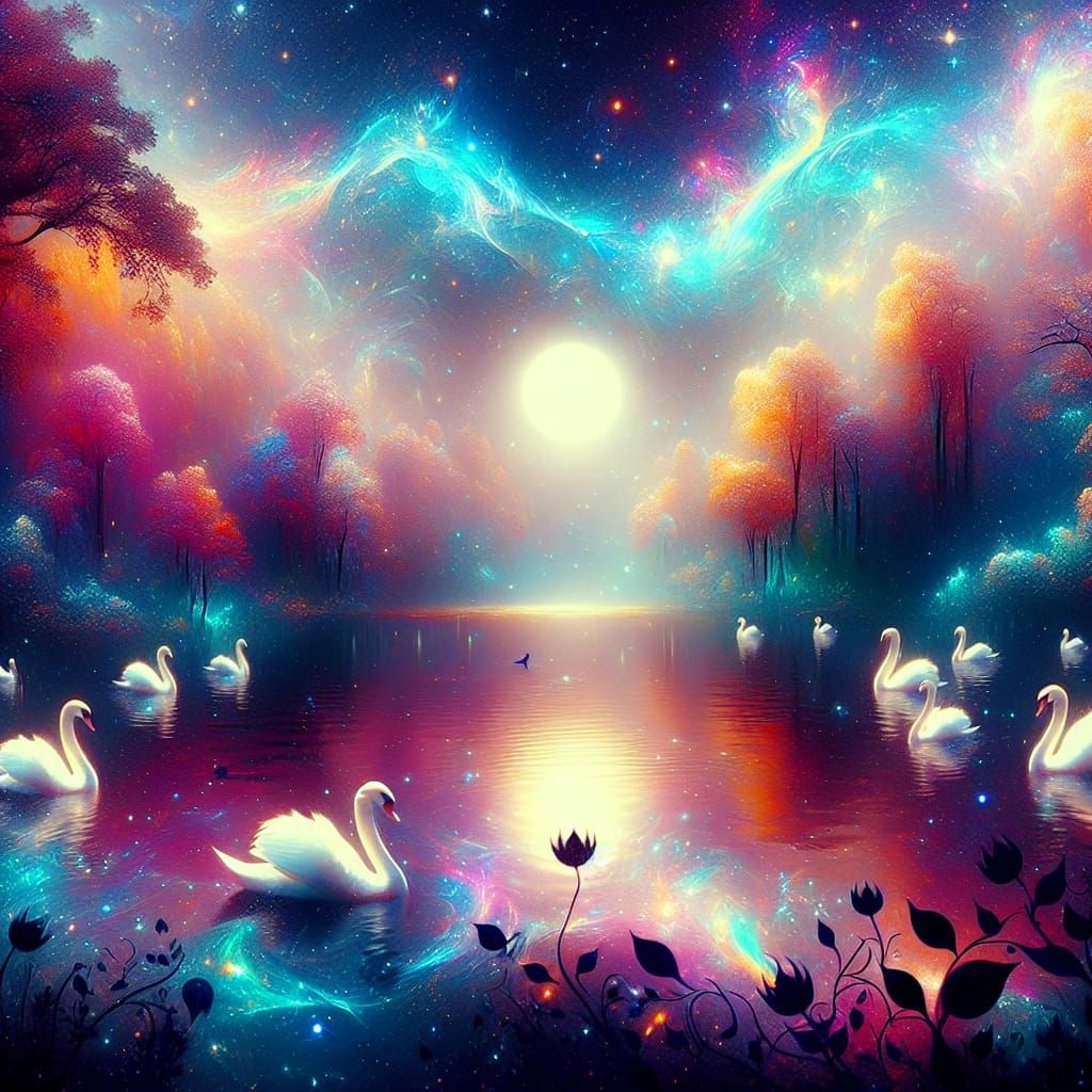 Cosmic Swans Under Moonlight: A Visionary Illustration