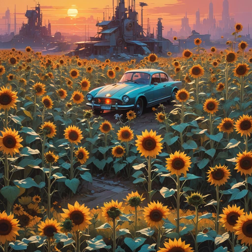 Iridescent Sunflowers Float in Dreamscape Sunrise
