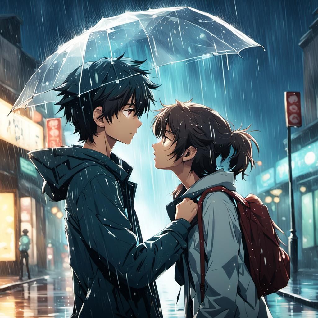 Anime Couple Kissing in Rain, Cel-Shaded Manga Scan