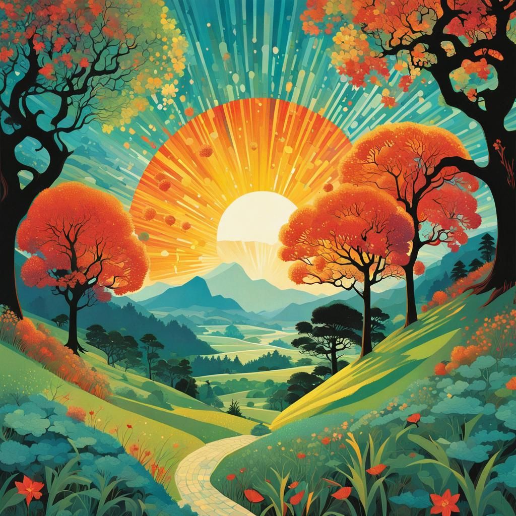 Radiant Retro Folk Art Landscape Illustration