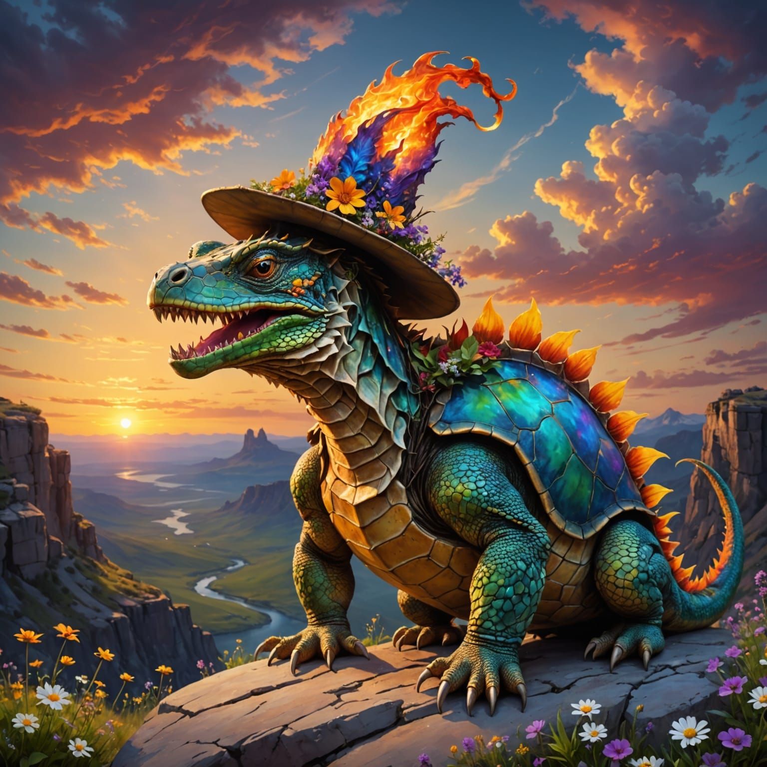 Whimsical Dragon-Lizard-Turtle Chimera at Sunset