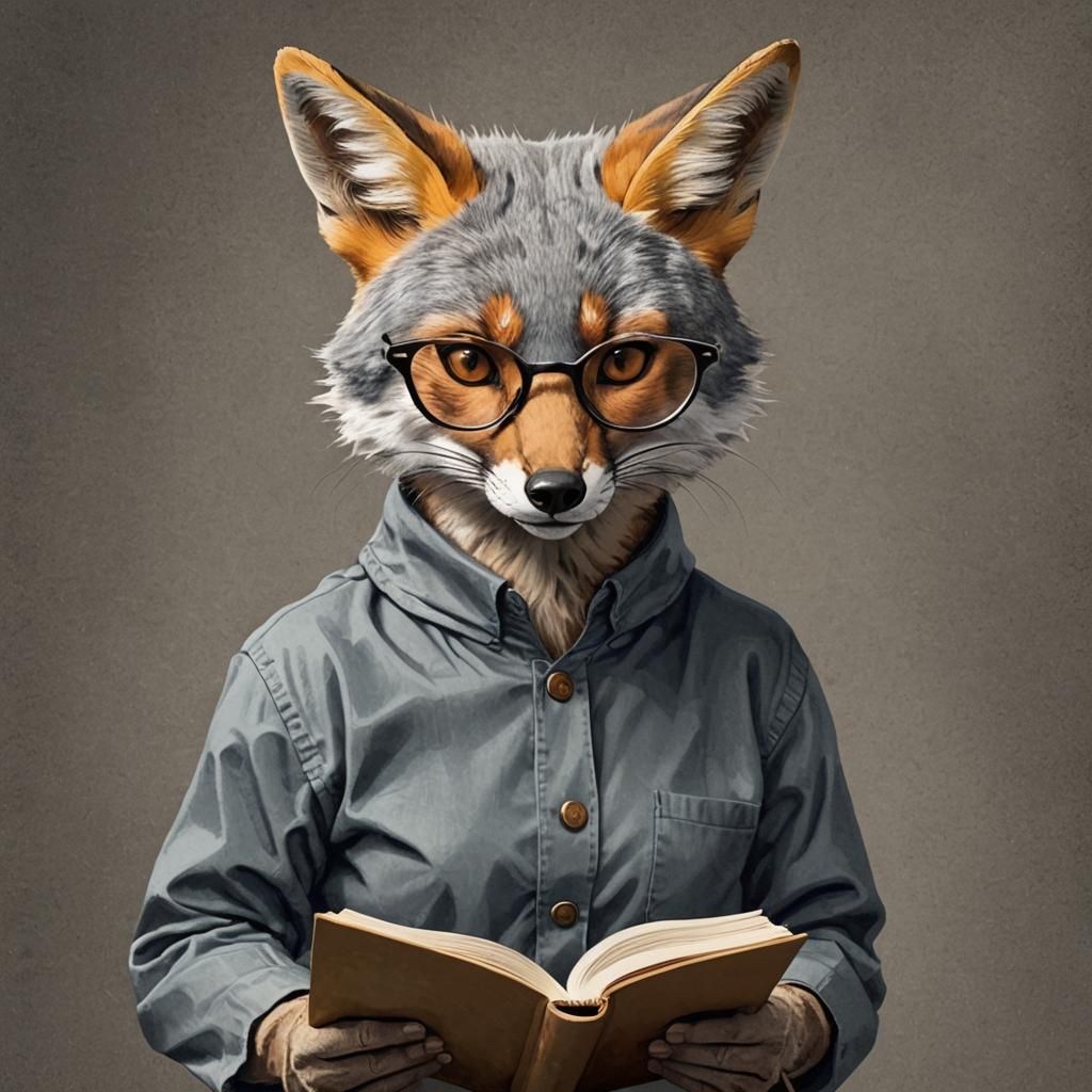 Fox Reads a Book with Glasses