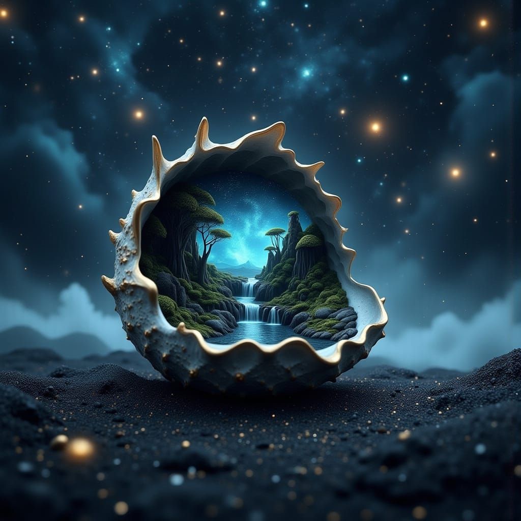 Ethereal Beach Scene with Bioluminescent Seashell and Miniat...