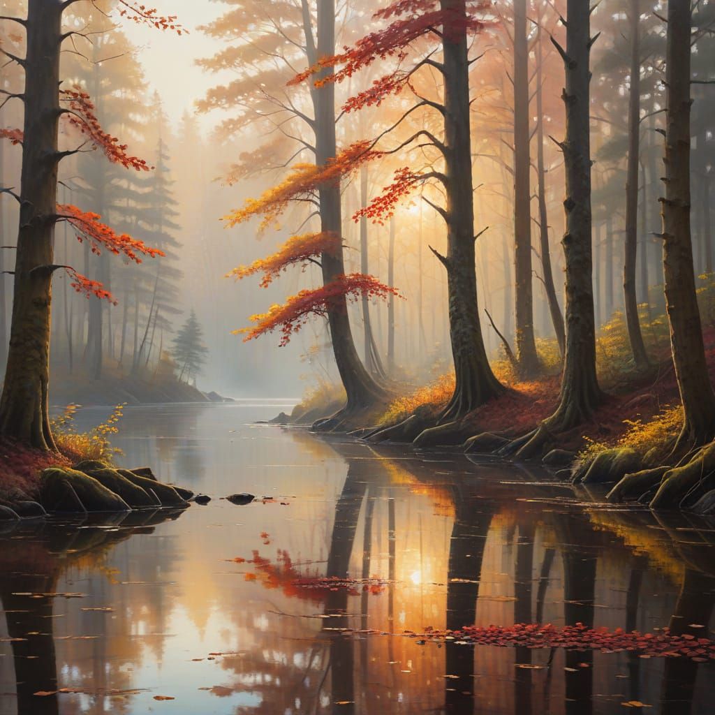 Misty Forest Landscape with Reflecting Water and Golden Hour...