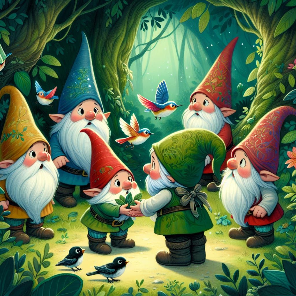 Gnomes Heal Bird in Magical Forest Illustration