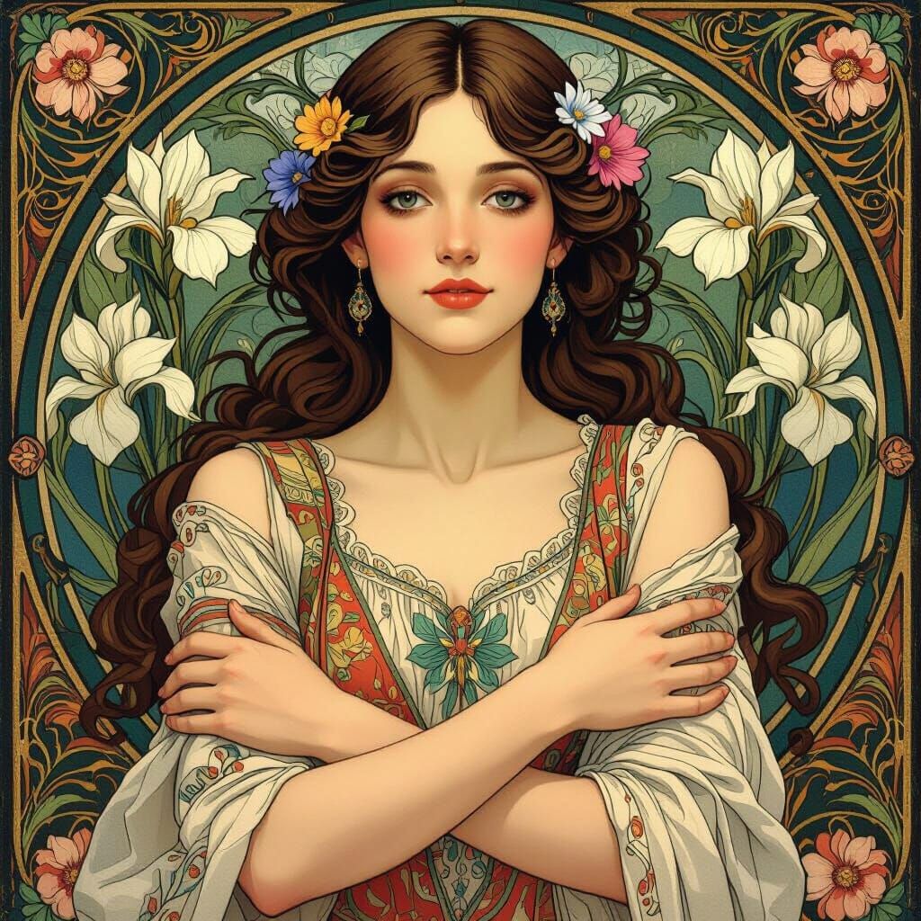 Elegant Woman Surrounded by Flowers, Art Nouveau Style