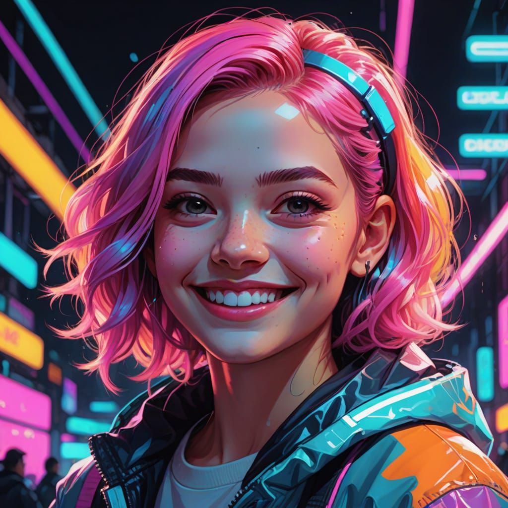 Smiling Girl Portrait in Synthwave Neon Style