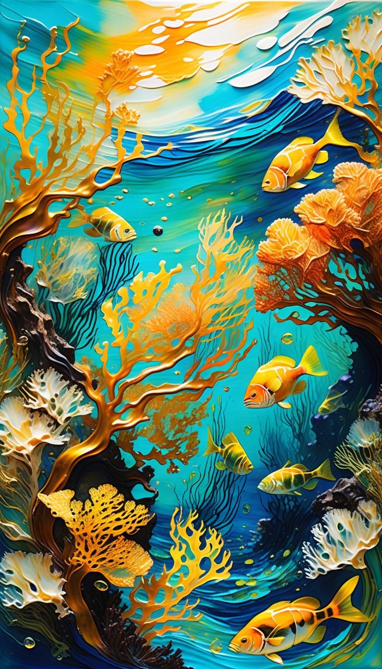 Enchanted Coral Reef: Impressionist Landscape in Golden Ligh...