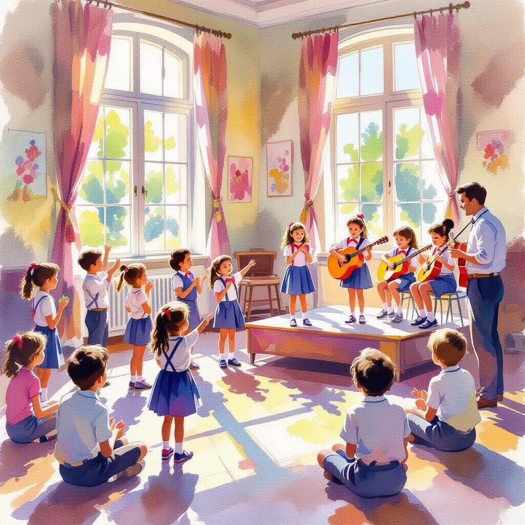 Joyful School Function in Vibrant Watercolor Style