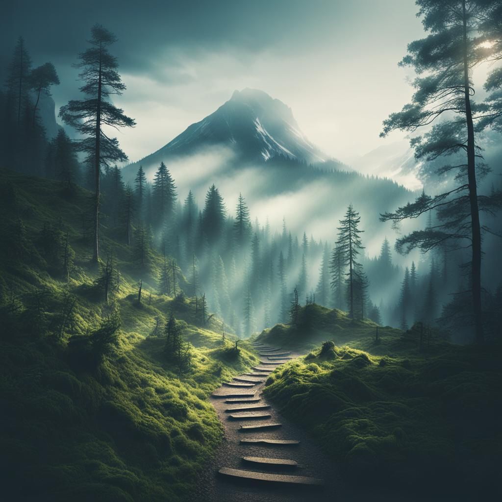 Misty Mountain Path Through Cinematic Forest