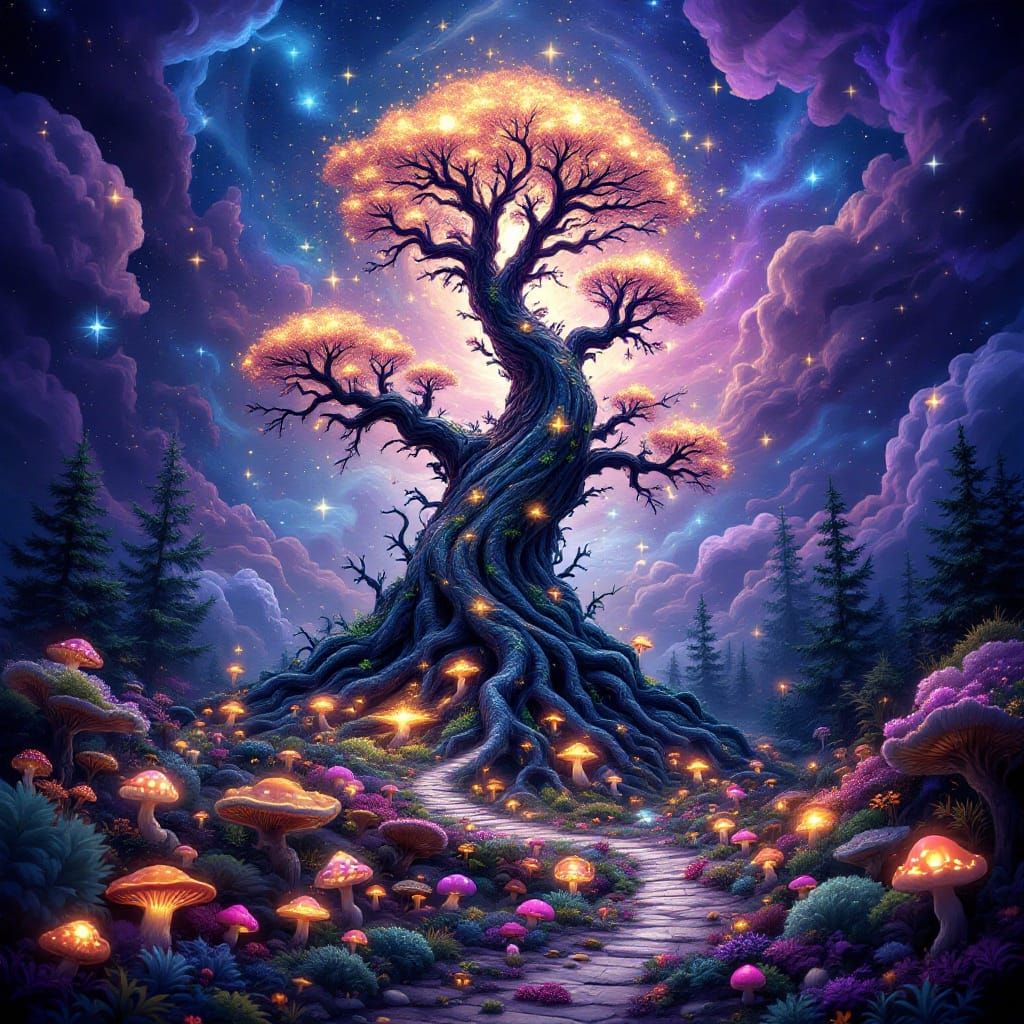Cosmic Tree in Dreamlike Landscape