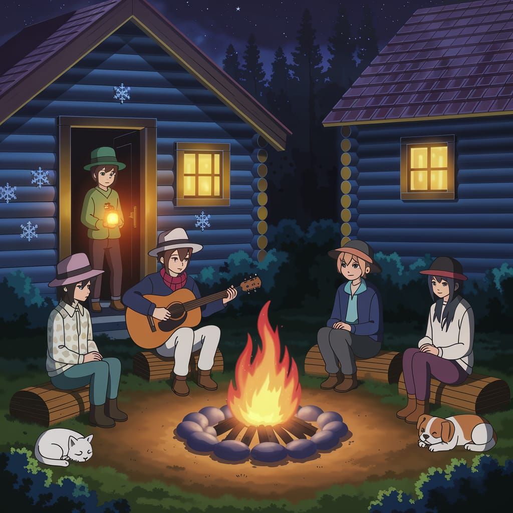 Warm Cozy Anime Campfire Scene in a Forest Clearing with Cab...