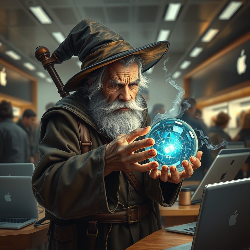 Wizard's Tech Troubles: Apple Store Chaos in Hyperrealism