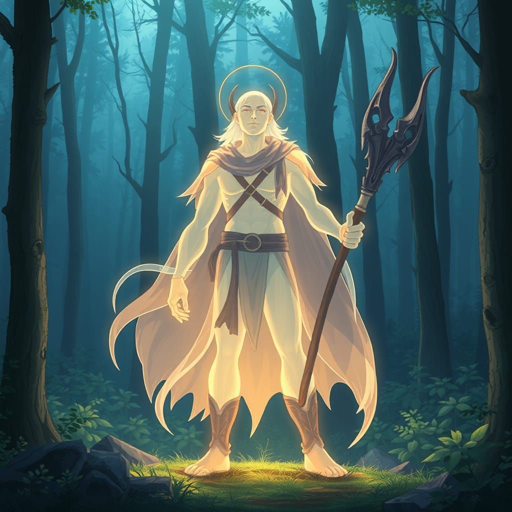Translucent Hunter Spirit in Anime Style Forest