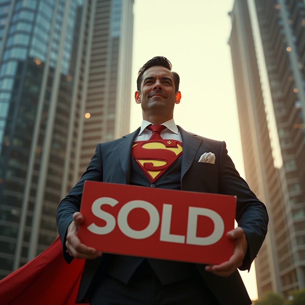 Superhero Realtor Triumphs in City Skyscraper with SOLD Sign