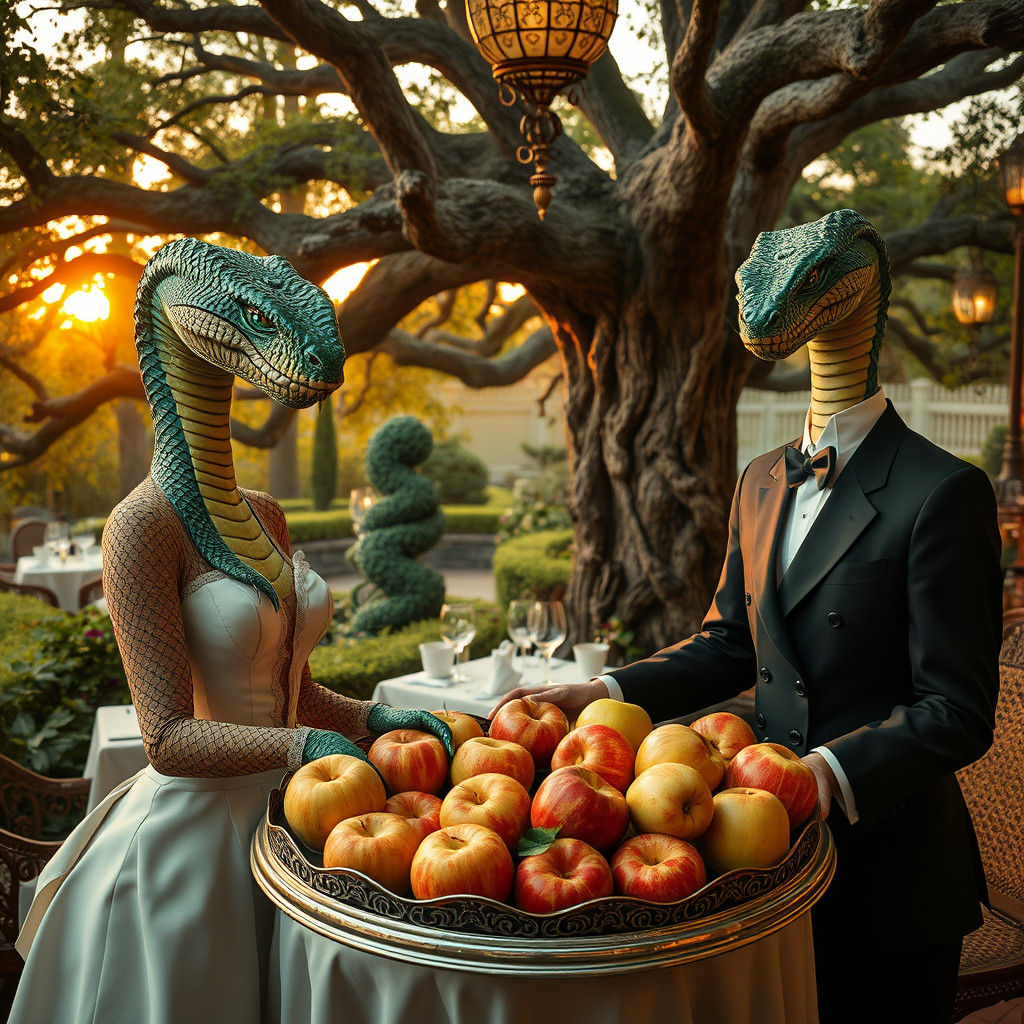 Serpent Waitresses Serve Apples in Opulent Restaurant