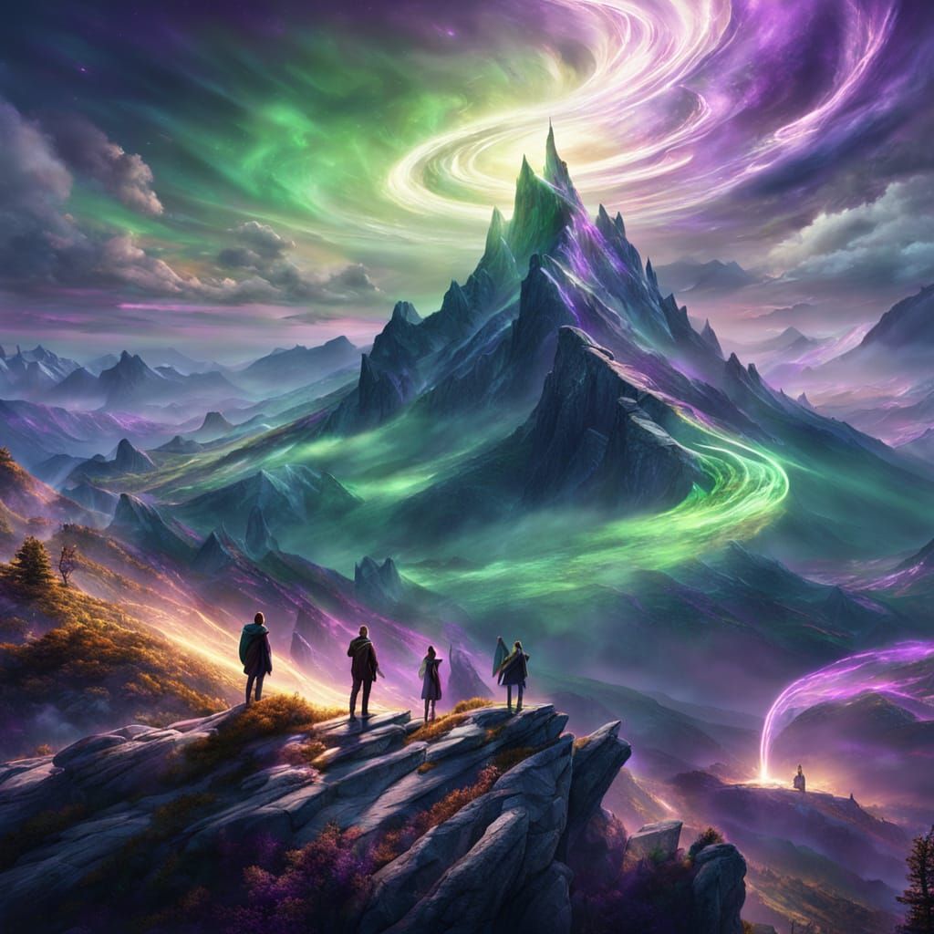 Mountain Peak Fantasy Art with Flowing Auroras