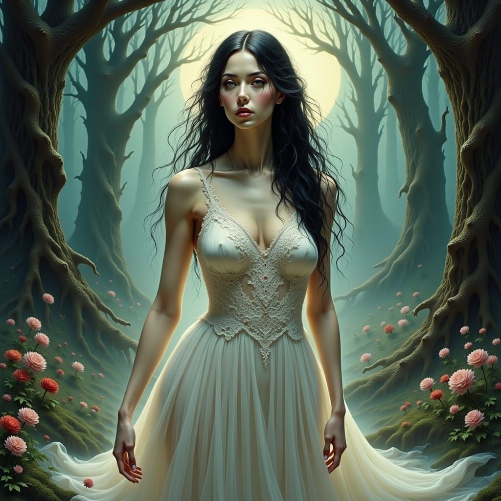 Mystical Woman in Moonlit Garden Portrait