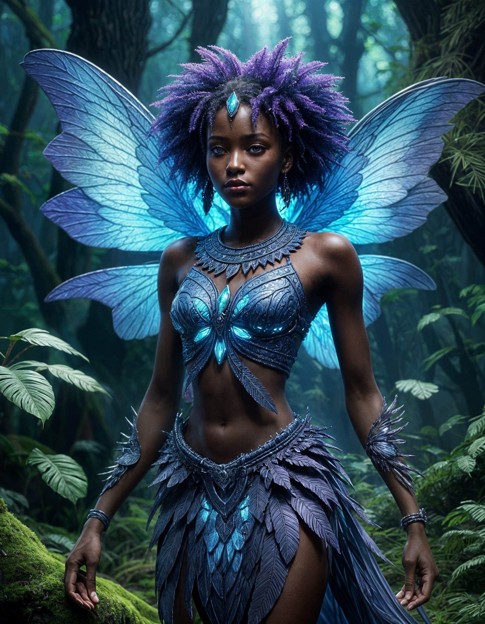 African Fae with Glowing Wings in Sea Forest