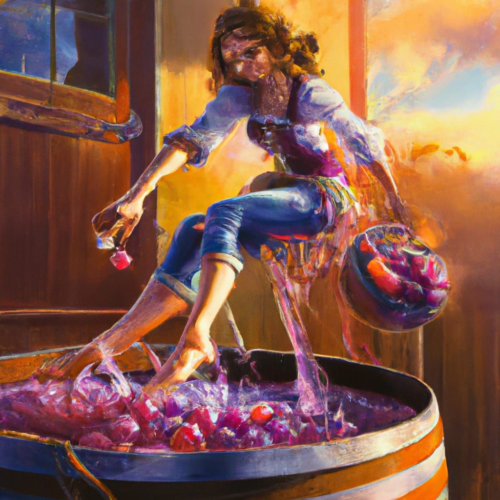 Intricate Oil Painting of Girl Grape-Stomping