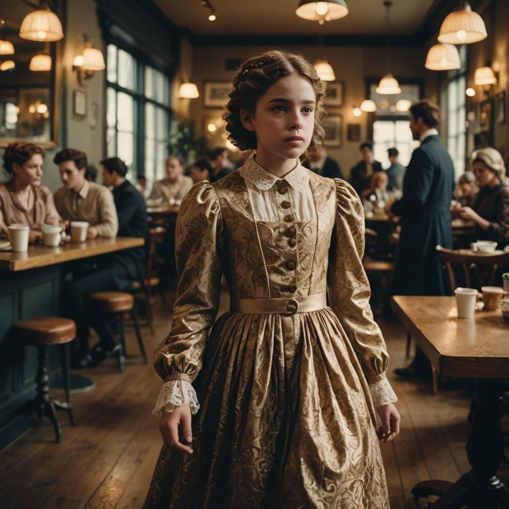 Boy in Victorian Dress in Modern Coffee Shop