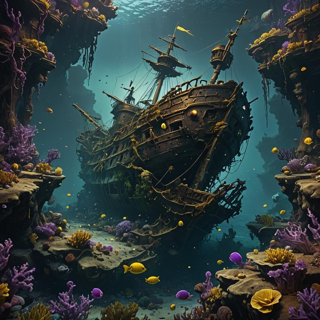Sunken Galleon Wreck: Dark Murky Underwater Masterpiece
