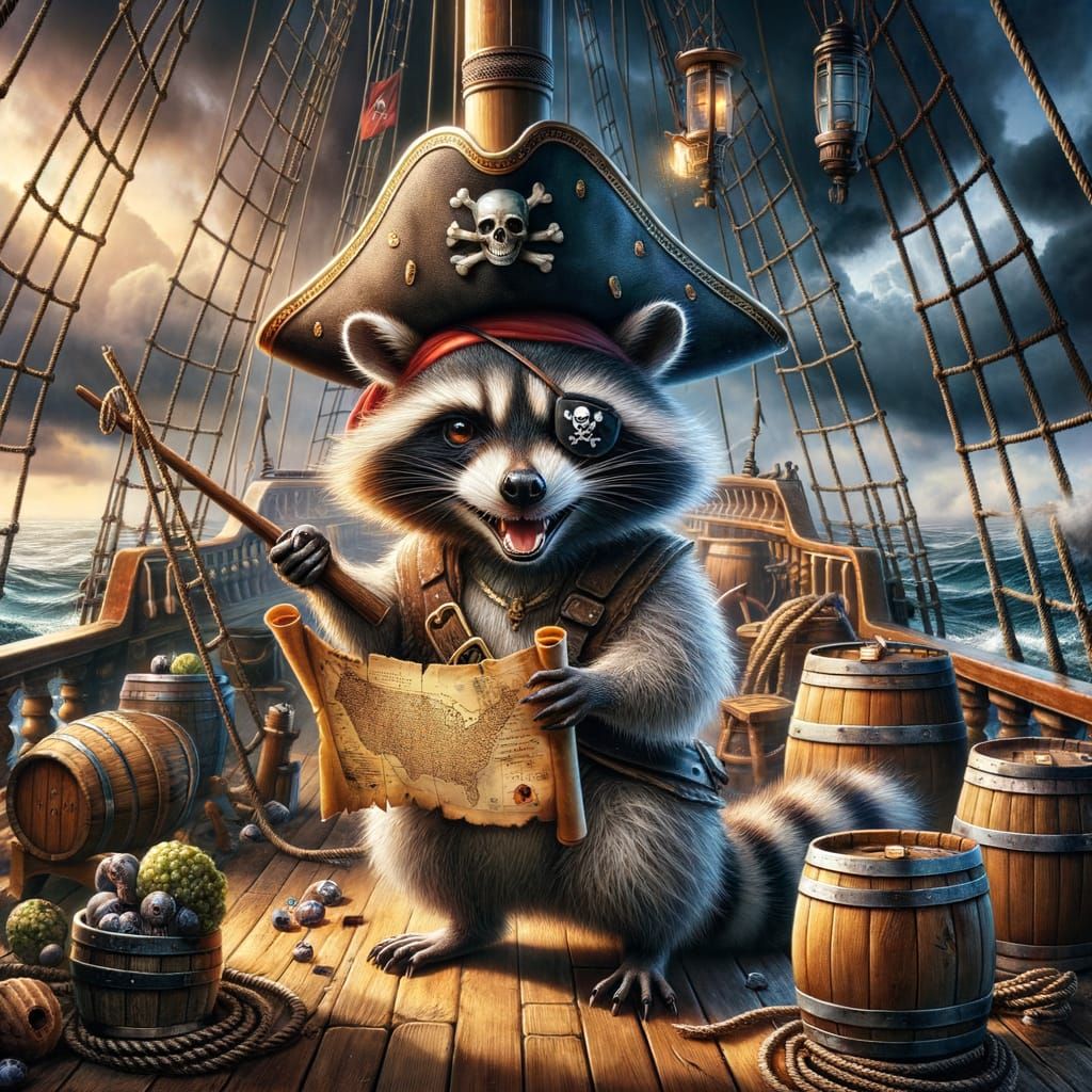 Raccoon Pirate on Stormy Seas: Hyper-Realistic Adventure