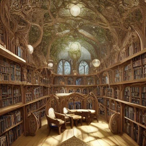 Whimsical Elvish Library in Art Nouveau Style