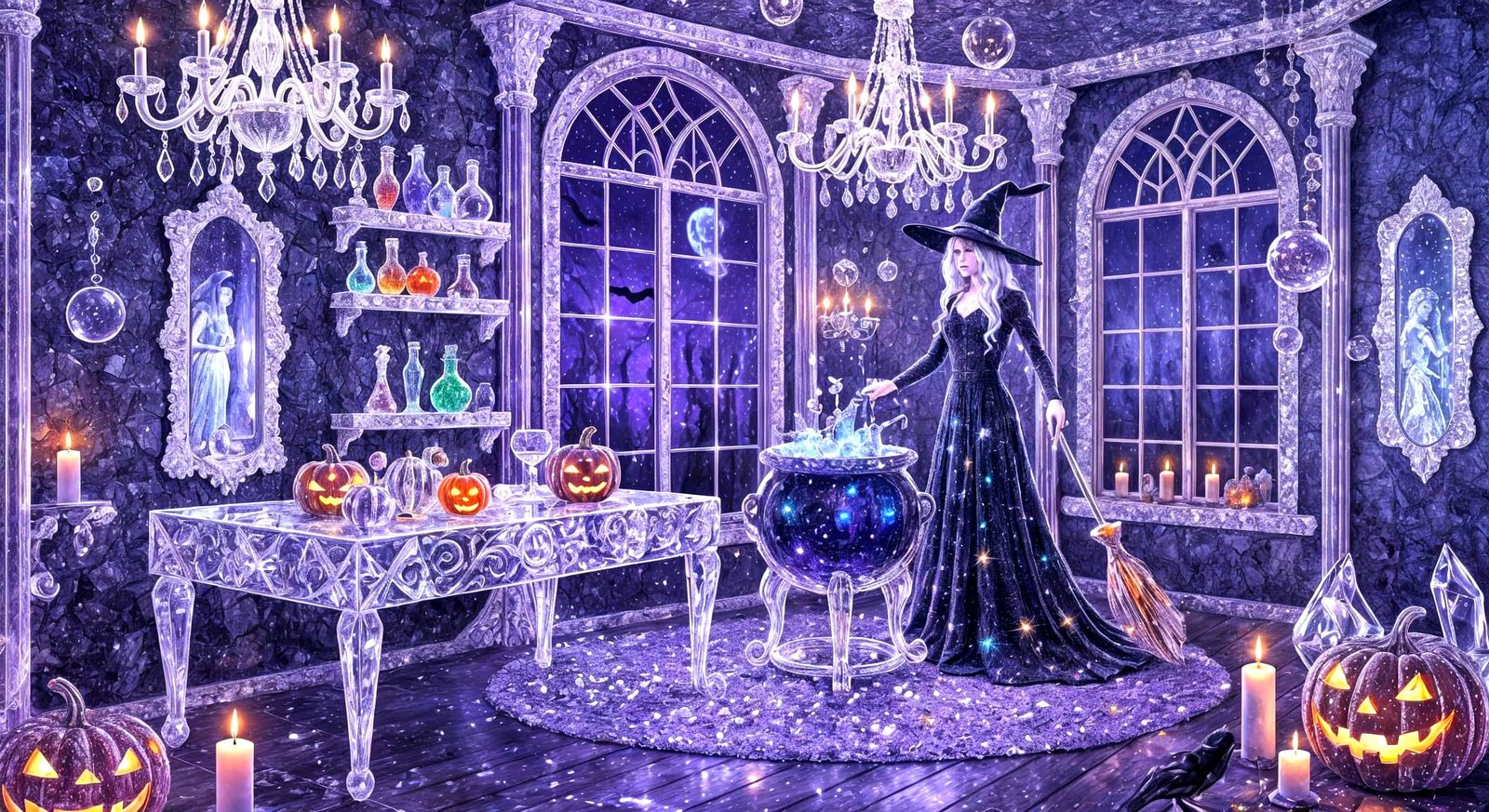 Crystal Witch Cottage on Halloween Night Under Harvest Moon