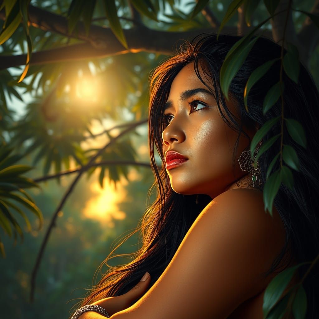 Guaraní Girl and Dew-Kissed Web in Magical Realism