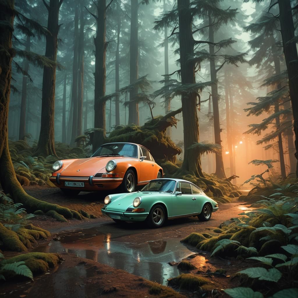 Mint Green Porsche 911 Near Mystical Forest