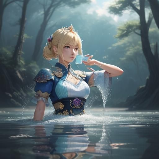 Anime Queen Pouring Water by Serene River