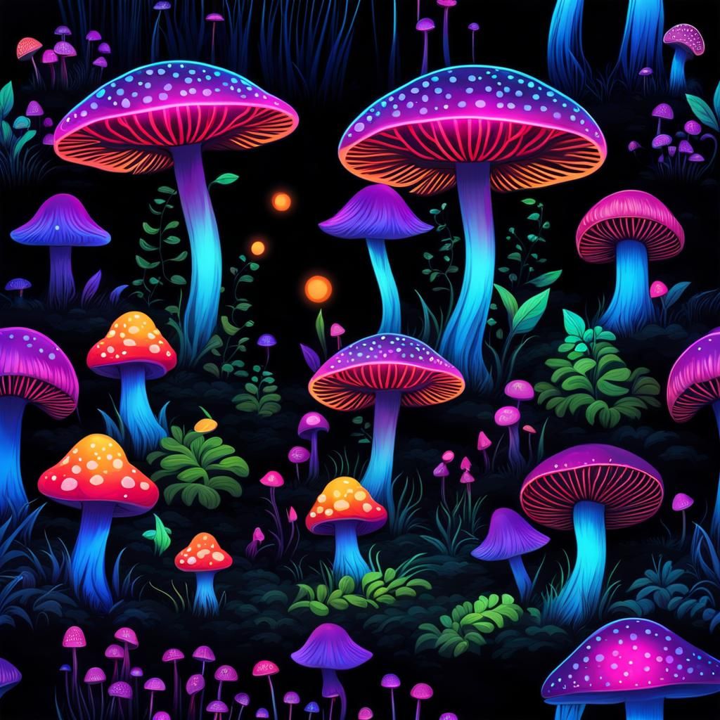 Glowing Neon Mushroom Forest Under Black Light