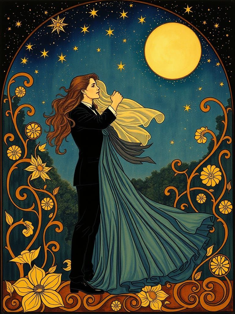 Art nouveau woman representing night dancing with art nouveau man representing day