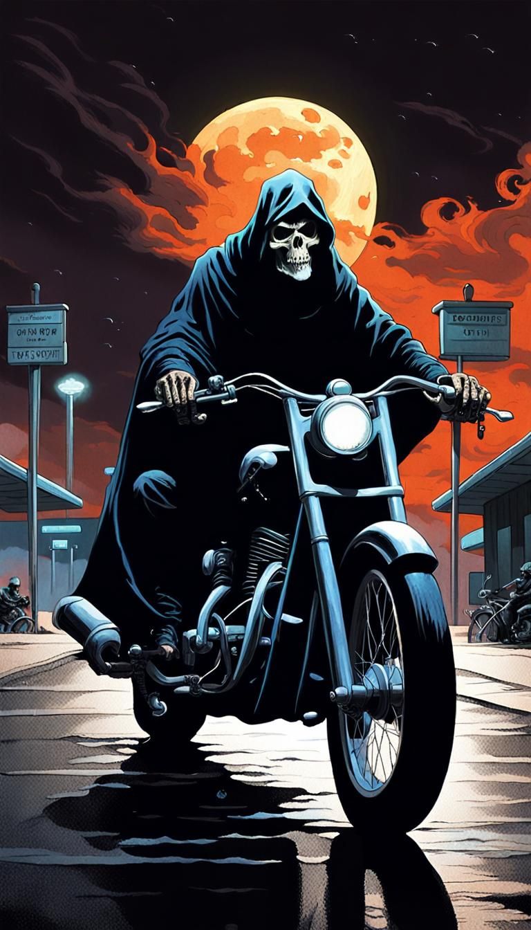 Grim Reaper on Motorcycle: Dark Fantasy Art