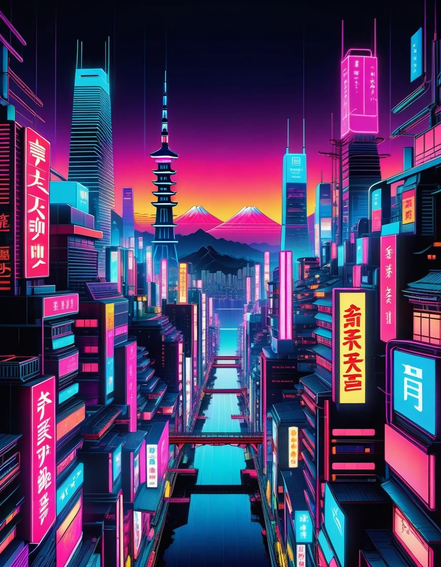 Vibrant Cyberpunk Japanese Cityscape at Night