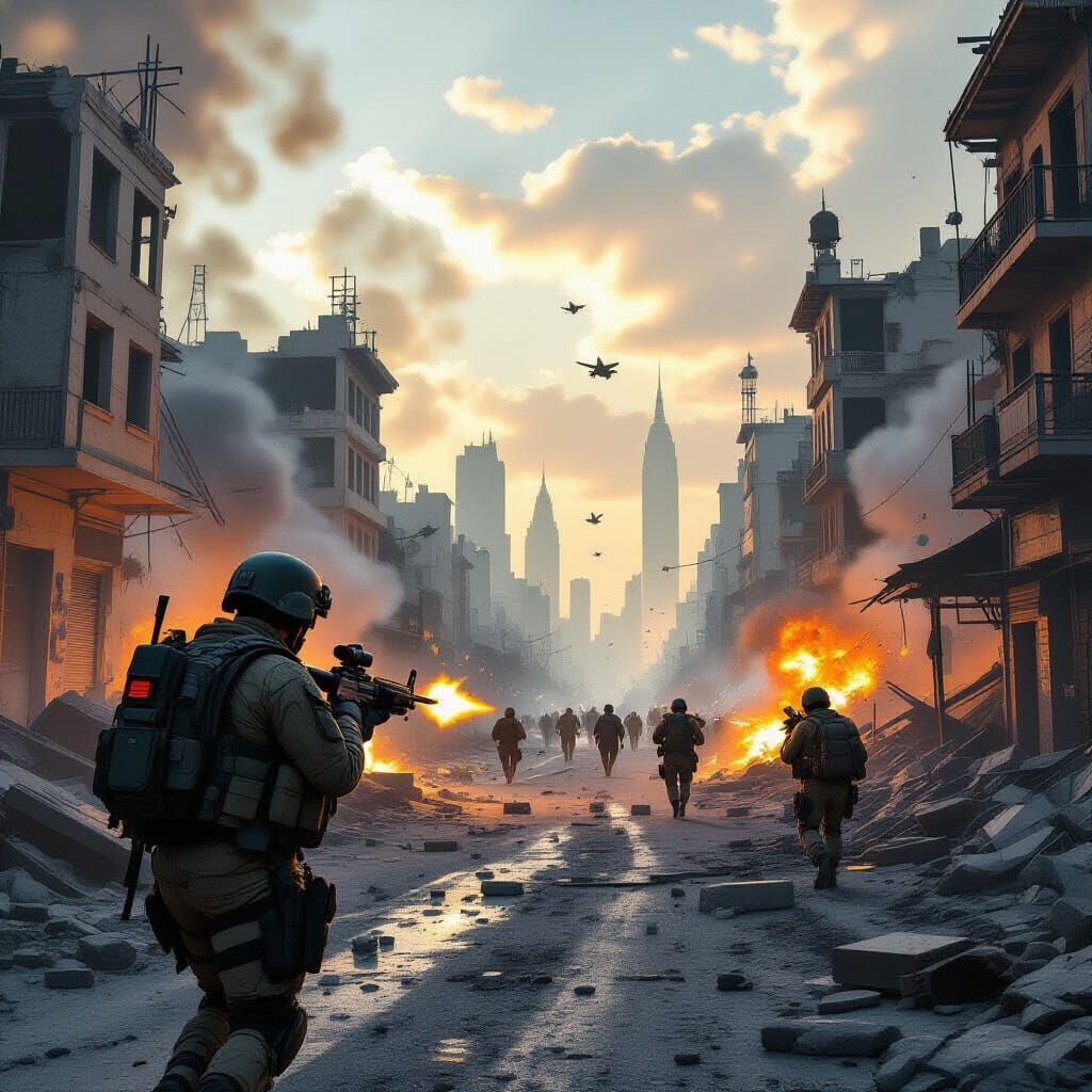 War-Torn Cityscape Combat in Dystopian Style