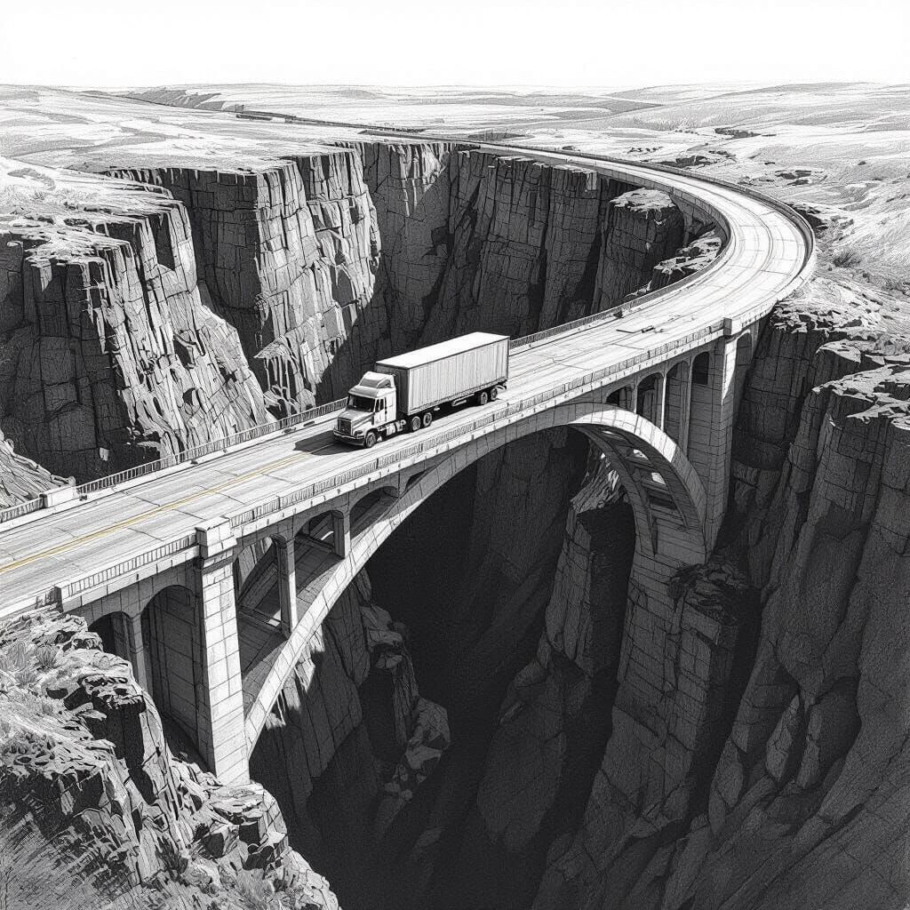 Truck Crosses Arch Bridge Over Ravine in Pencil Sketch Style