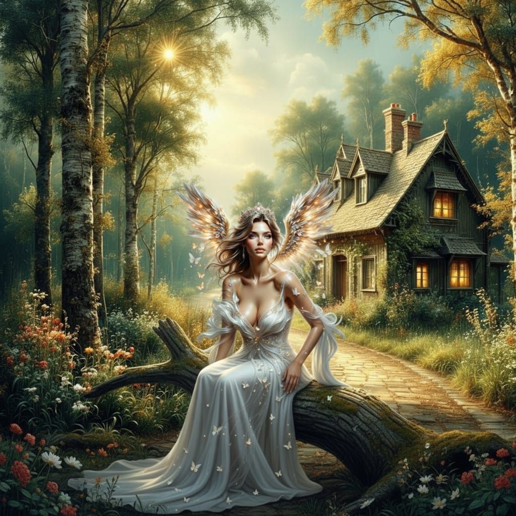 Woman Sitting on Tree Trunk in Lush Landscape