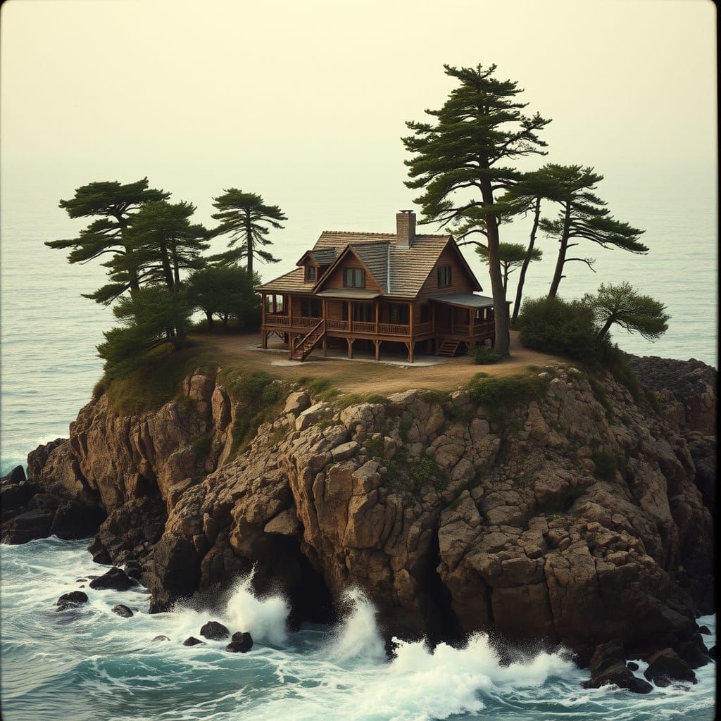 Rustic Cliffside Mansion in Earthy Cinematic Style