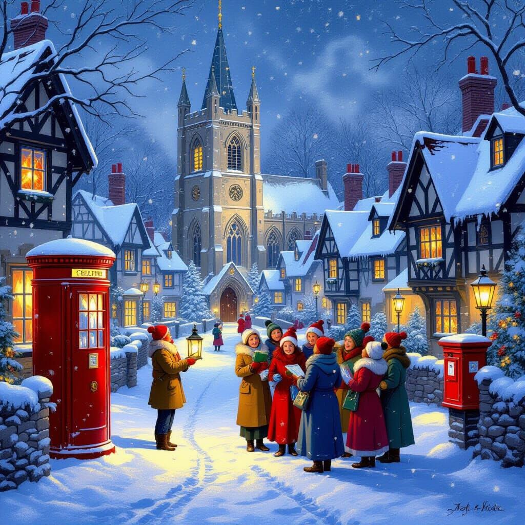 Christmas Eve Carolers in Snowy English Village