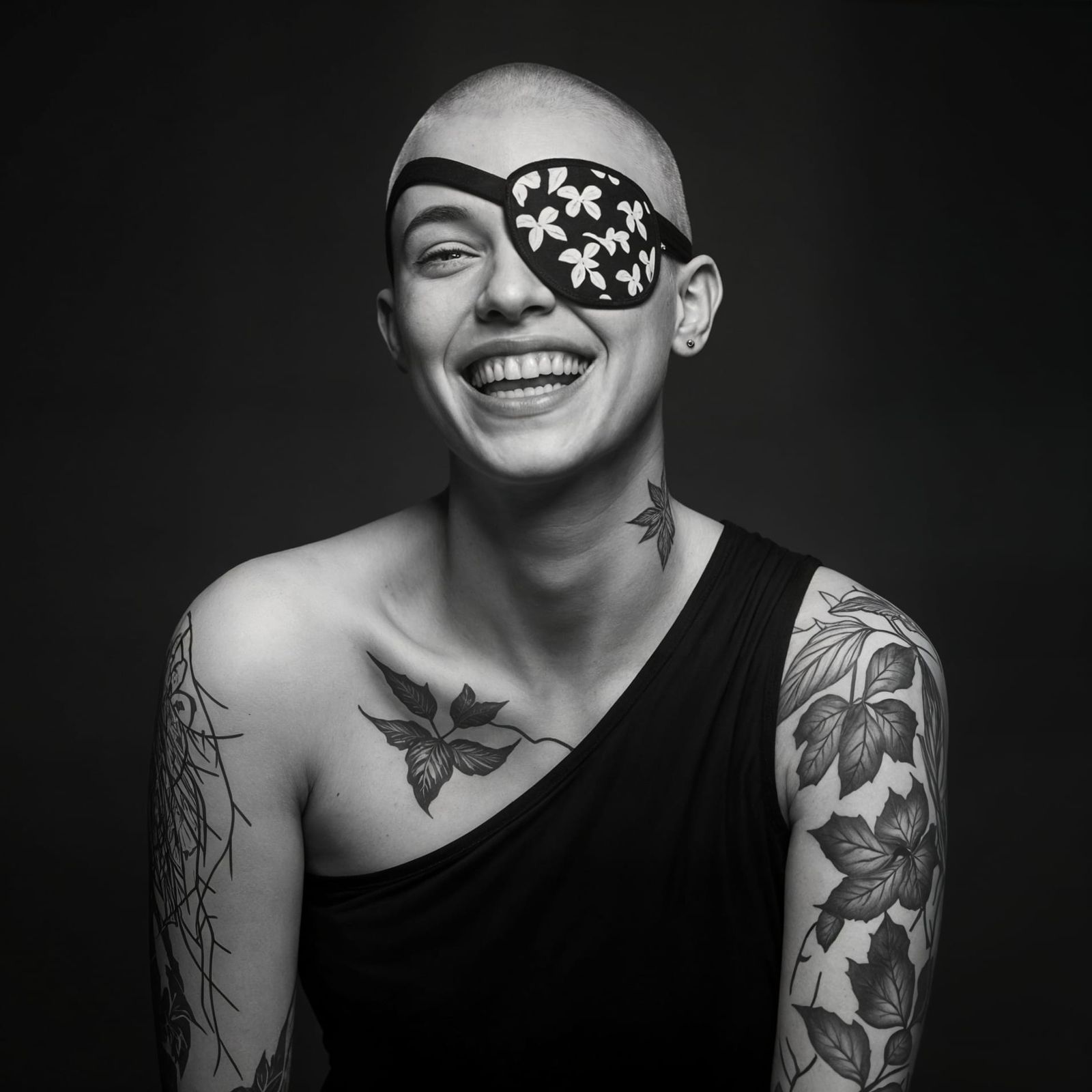 Fine Art Portrait of a Happy Bald Woman with Ivy Tattoos
