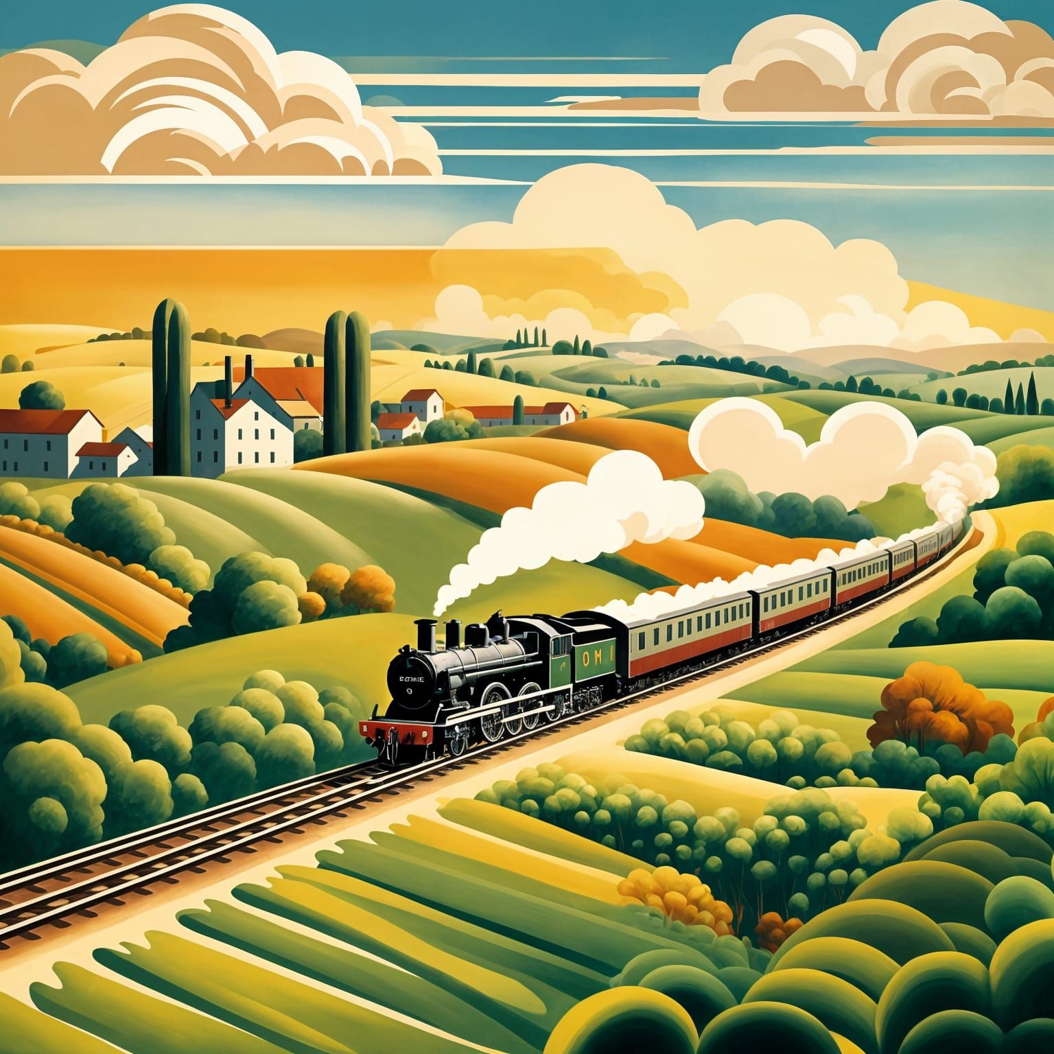 Art Deco Steam Train Poster in Countryside