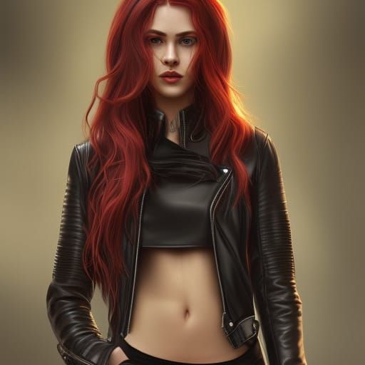 Red Haired Woman in Leather Jacket: Detailed Portrait