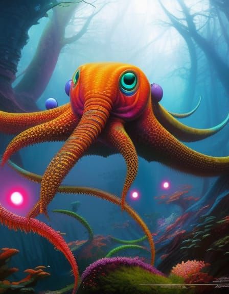 Octopus Portrait in Underwater Fantasy Garden