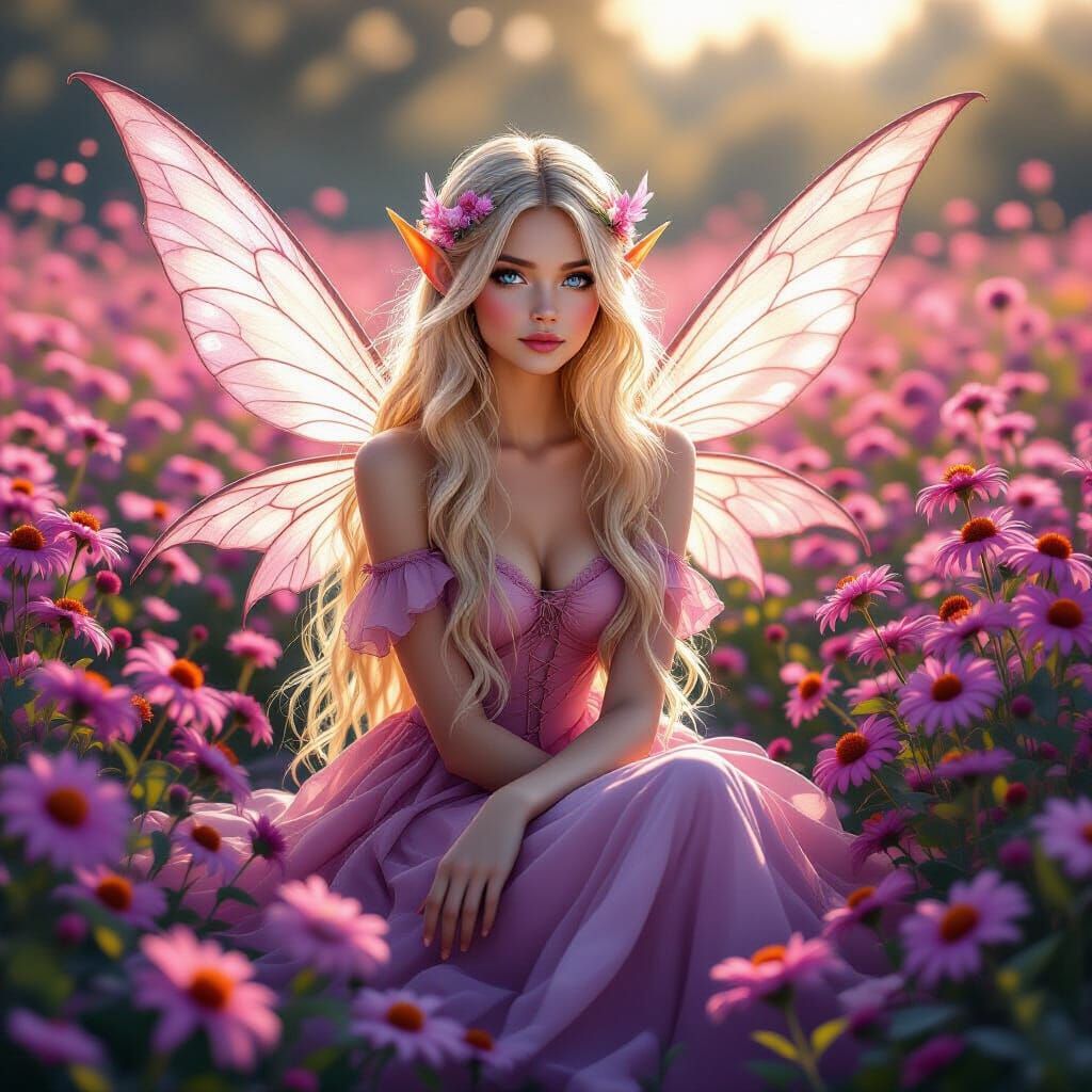 Blond Fairy Sitting in Aster Field, Whimsical Style